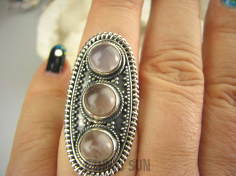 bpe6548 DUŻY DŁUGI 3.8 cm ! Pierścień Potrójny KWARC RÓŻOWY - kamień mocnego serca (czakra serca) r.16 Srebro 925 #