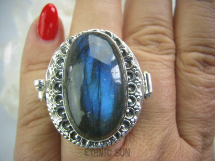 bpe4856 SEKRETNIK Otwierany Duży 27 g Pierścień na DUŻE Zdjęcia lub Marzenia Labradoryt Spektrolit - kamień Zorzy Polarnej r.17 Srebro 925 #