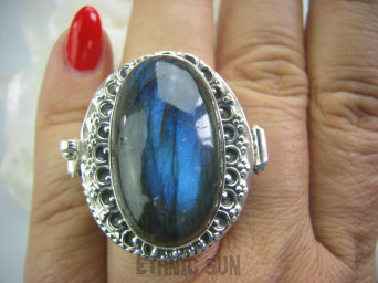 bpe4856 SEKRETNIK Otwierany Duży 27 g Pierścień na DUŻE Zdjęcia lub Marzenia Labradoryt Spektrolit - kamień Zorzy Polarnej r.17 Srebro 925 #