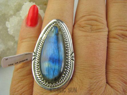 bpe9307 PRZEPIĘKNY Czarodziejsko Piękny Długi 3.7 cm Orientalny Pierścień Pierścionek Labradoryt Spektrolit - kamień Zorzy Polarnej r.17 Srebro 925 #