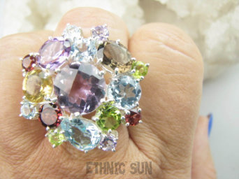 bpee4578 BOSKO PIĘKNA WIELOBARWNA ROZETA DUŻY OKAZ ! Pierścień Pierścionek naturalny Ametyst, Blue Topaz, Granaty, Kwarc Dymny, Oliwin, Cytryn r.22 SREBRO 925 #