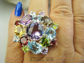 bpee4578 BOSKO PIĘKNA WIELOBARWNA ROZETA DUŻY OKAZ ! Pierścień Pierścionek naturalny Ametyst, Blue Topaz, Granaty, Kwarc Dymny, Oliwin, Cytryn r.22 SREBRO 925 #