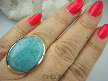 bpe5741 LAZUROWA AMAZONKA !!! CUDOWNY Klasyczny Pierścień Amazonit - Kamień Marzeń i realizacji r.18/ r.19 lśniące Srebro 925 #