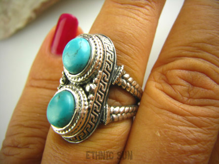 bpe3368 Cudny PIERŚCIEŃ Greckie wzory naturalny TURKUS - opiekun ciała i duszy turkusy r.15 Srebro 925 #