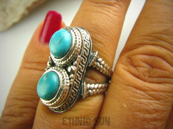bpe3368 Cudny PIERŚCIEŃ Greckie wzory naturalny TURKUS - opiekun ciała i duszy turkusy r.15 Srebro 925 #