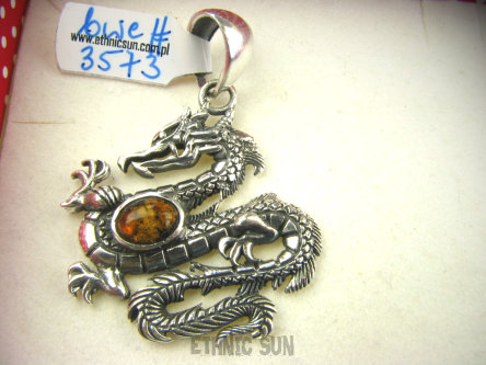 bwe3573 Przepiękny Wisior Smoczysko symbol MĄDROŚCI I OCHRONY SMOK - Mocny AMULET na POMYŚLNOŚĆ I SIŁĘ, Bursztyn SREBRO 925 #