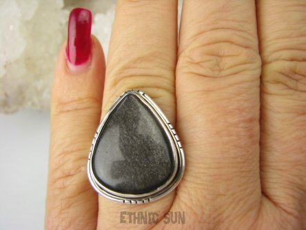 bpe8699 Cudowny Pierścionek Pierścień OBSYDIAN CZARNY - chroni przed zawiścią, „złym spojrzeniem” i przed pechem r.18 Srebro 925 #