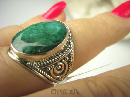 bpee3694 Ażurowy Pierścień Zielony Szmaragd Indyjski Szmaragdy r.15 ażurowa obrączka Srebro 925