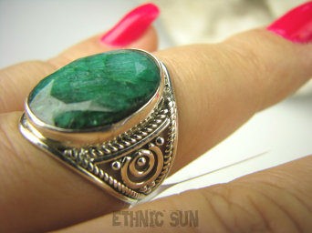 bpee3694 Ażurowy Pierścień Zielony Szmaragd Indyjski Szmaragdy r.15 ażurowa obrączka Srebro 925