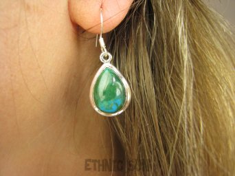bke1013 CUD NATURY - niebiesko-zielone  KROPLE Kolczyki Rzadka Chryzokola i Azuryt Unikat Lśniące Srebro 925