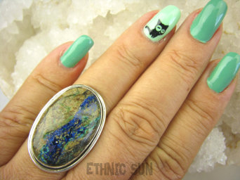 bpe8248 Co za barwy niesamowity Azuryt Piękny Pierścień AZURYT Z CHRYZOKOLĄ RZADKOŚĆ r.19 lśniące Srebro 925 #