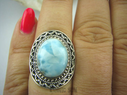 bpe6211 Egzotyczny Pierścień Rzadki Błękitny Larimar (kamień Anielski ) - stawy, serce lęki, otwiera czakrę gardła r.16 Srebro 925 #