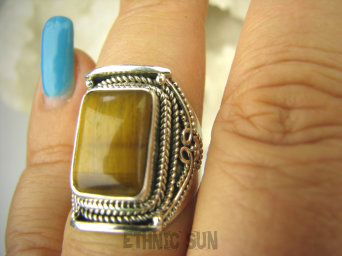 bpe8576 Egzotyczny Pierścień Pierścionek Obrączka Tygrysie Oko - Wspomaga Oczy Astma Krążenie i TRAWIENIE r.15 Srebro 925 #