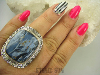 bpe6271 Bardzo się iskrzący DUŻY  Pierścień cudny KAMIEŃ BURZY Pietersyt z Namibii  - RZADKOŚĆ r.17 Srebro 925 #