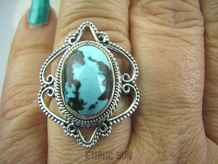 bpe5857 Wielobarwny Piękny Finezyjny Pierścień z Naturalnym Turkusem błękitny niebieski TURKUS - opiekun ciała i duszy r.20 ażurowe Srebro 925 #