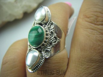 bpee2831 LŚNIĄCY Egzotyczny Pierścień hodowlane prawdziwe PERŁY PERŁA , naturalny Malachit r.16 Srebro 925 #