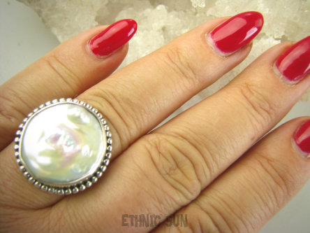 bpee4113 RARYTAS naturalna wielobarwna PERŁA BIWA Elegancki Pierścionek Pierścień z DUŻA perłą r.19 Srebro 925 #