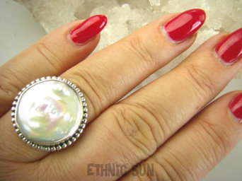 bpee4113 RARYTAS naturalna wielobarwna PERŁA BIWA Elegancki Pierścionek Pierścień z DUŻA perłą r.19 Srebro 925 #