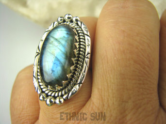 bpe8440 Czarodziejsko Piękny Orientalny Pierścień Niebieski Labradoryt Spektrolit - kamień Zorzy Polarnej r.16 Srebro 925 #
