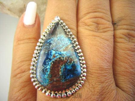 bpe8113 Nocna galaktyka Cudowne Barwy - Rzadkość  Pierścień naturalny Niebiesko Brązowo Morski AZURYT r.18 Srebro 925 #