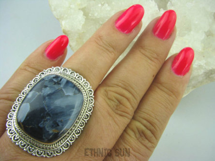 bpe6193 Bardzo się iskrzący DUŻY  Pierścień cudny KAMIEŃ BURZY Pietersyt z Namibii  - RZADKOŚĆ r.17 Srebro 925 #