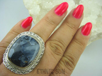 bpe6193 Bardzo się iskrzący DUŻY  Pierścień cudny KAMIEŃ BURZY Pietersyt z Namibii  - RZADKOŚĆ r.17 Srebro 925 #