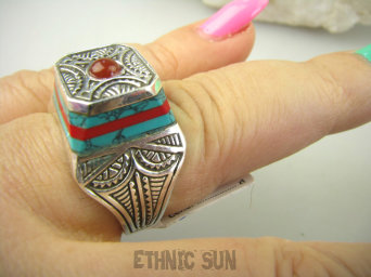 bpe8890 SYGNET SUŁTANA jak z Baśni UNISEX Wooow Zabójczo Piękny PIERŚCIEŃ Pierścionek Inkrustowany Koral Turkus oraz Czerwony Onyks r.20 Srebro 925 #