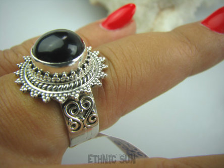 bpe5516  Koronkowy Śliczny Pierścień czarny ONYKS regeneruje SERCE, EGZEMY, PAMIĘĆ r.18 pięknie zdobione Srebro 925 #