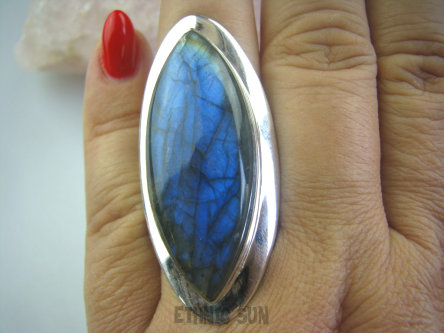 bpe4798 Klasyczny Długi 5 cm granatowy z pomarańczowo żółtą plamką Pierścień Labradoryt Spektrolit r.19 Lśniące Srebro 925 #