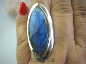 bpe4798 Klasyczny Długi 5 cm granatowy z pomarańczowo żółtą plamką Pierścień Labradoryt Spektrolit r.19 Lśniące Srebro 925 #