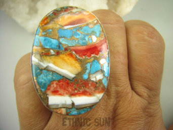 bpe8092 Wielobarwny Gigant 4,6cm/ 3,3cm Pierścień 24G !OSTRYGOWY TURKUS MIEDZIANY TOSTRYGA Muszla złota MIEDZ r.19/r.20 Srebro 925 #
