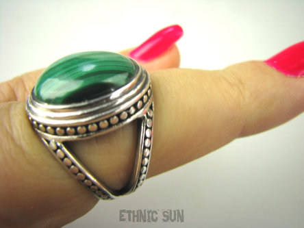 bpe6841 Egzotyczny PIERŚCIEŃ zielony Malachit - pobudza kreatywność r.14 Zdobiona Obrączka Srebro 925 #