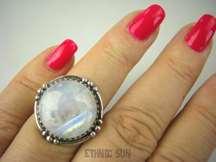 bpe6815 TĘCZA BARW - Piękność Pierścień Wielokolorowy KAMIEŃ KSIĘŻYCOWY Z TĘCZĄ r.14 Srebro 925 #