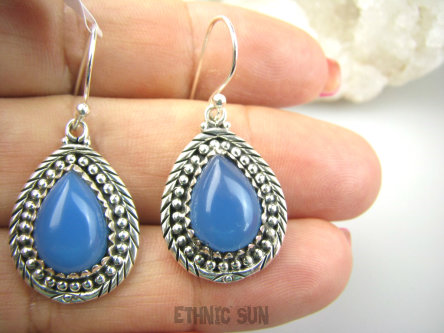 bke1173 Przepiękne Zdobione Krople Egzotyczne Lekkie Kolczyki Chalcedon (Tarczyca) - czakra gardła Srebro 925