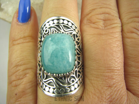 bpe7194 EGZOTYCZNY KLEJNOT - Piękny Duży Pierścień Amazonit - kamień marzeń i realizacji r.15/ r.16 SZEROKA OBRĄCZKA Srebro 925 #