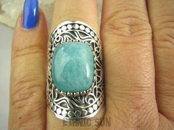 bpe7194 EGZOTYCZNY KLEJNOT - Piękny Duży Pierścień Amazonit - kamień marzeń i realizacji r.15/ r.16 SZEROKA OBRĄCZKA Srebro 925 #