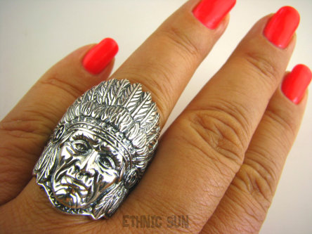 bpe4363 APACZ INDIANIN jak żywy 20 g! - SYMBOL WIEDZY I MĄDROŚCI !!! Niezwykły DUŻY 3,5cm 19 g Pierścień INDIANIN Cały ze Srebra r .22/ r.23 DUŻY ROZMIAR  Srebro 925 #1636