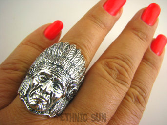 bpe4363 APACZ INDIANIN jak żywy 20 g! - SYMBOL WIEDZY I MĄDROŚCI !!! Niezwykły DUŻY 3,5cm 19 g Pierścień INDIANIN Cały ze Srebra r .22/ r.23 DUŻY ROZMIAR  Srebro 925 #1636