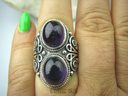 bpe6086 DUŻY Masywny Pierścień z Ametystami Fioletowy Ametyst - kamień mądrości r.17 Srebro 925 #