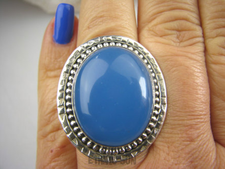 bpe7187 DUŻY Okaz Błękitne Cacko Niebieski WSPANIAŁY Pierścień CHALCEDON (TARCZYCA) r.16 egzotycznie zdobione Srebro 925 #