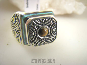 bpe8951 SYGNET SUŁTANA Zabójczo Piękny PIERŚCIEŃ Pierścionek Inkrustowany Onyks Turkus Turkusy oraz Tygrysie Oko r.22 Srebro 925 #