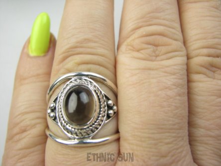 bpe9555 Finezyjny Ażurowy Pierścień Pierścionek podwójna obrączka naturalny Kwarc Dymny r.19 Srebro 925 #