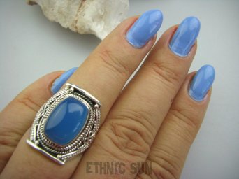 bpe5684 Egzotyczny Delikatny Pierścień Chalcedon (tarczyca) CZAKRA GARDŁA r.15 Srebro 925 #