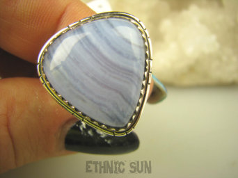 bpe6707 Egzotyczny Pierścień KORONKOWY AGAT BLUE LACE kamień spokoju i pozytywnego myślenia idealny na STRES, CHOROBY OCZU, USZU UKOJENIE DUSZY r.15 Srebro 925 #