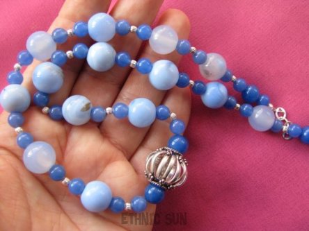 an1499 Błękitne cacko  śliczny niebieski Naszyjnik Kolczyki AGAT błękitny i szafirowy SREBRO