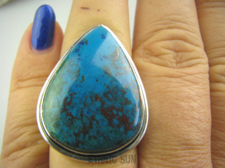 bpe3446 TURKUSOWA KROPLA !!! Niewiarygodnie piękny AZURYT Z CHRYZOKOLĄ RZADKOŚĆ Klasyczny Pierścień  r.15 Srebro 925 #