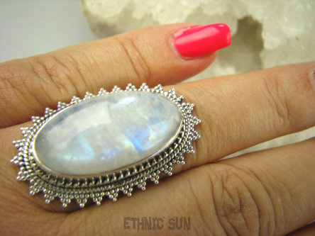 bpe7838 PIĘKNA PANI - Duży Pierścień Wielobarwny Kamień Księżycowy r.17 egzotyczne Srebro 925 #