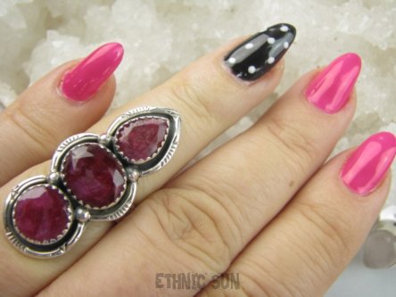 bpee4476 Długi 3.8 cm WSPANIAŁY KUNSZTOWNY Pierścień Pierścionek RUBIN INDYJSKI Rubiny r.13 SREBRO 925 #