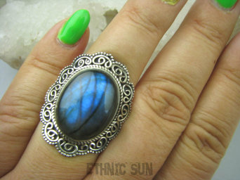 bpe6050 Piękny Egzotyczny Pierścień Granatowy Labradoryt Spektrolit - kamień Zorzy Polarnej r.17 Srebro 925 #