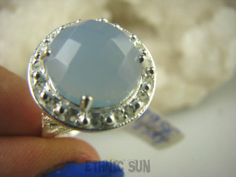 bpee3568 CUDOWNY LUX Wysoki Pierścień Rzadkość Błękitno Szary (WODNY) Chalcedon r.17 Srebro 925 #